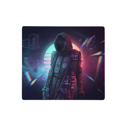 Neon vaporwave mouse pad with nebula-themed design featuring a hooded figure on dark fabric and neon purple teal crystals