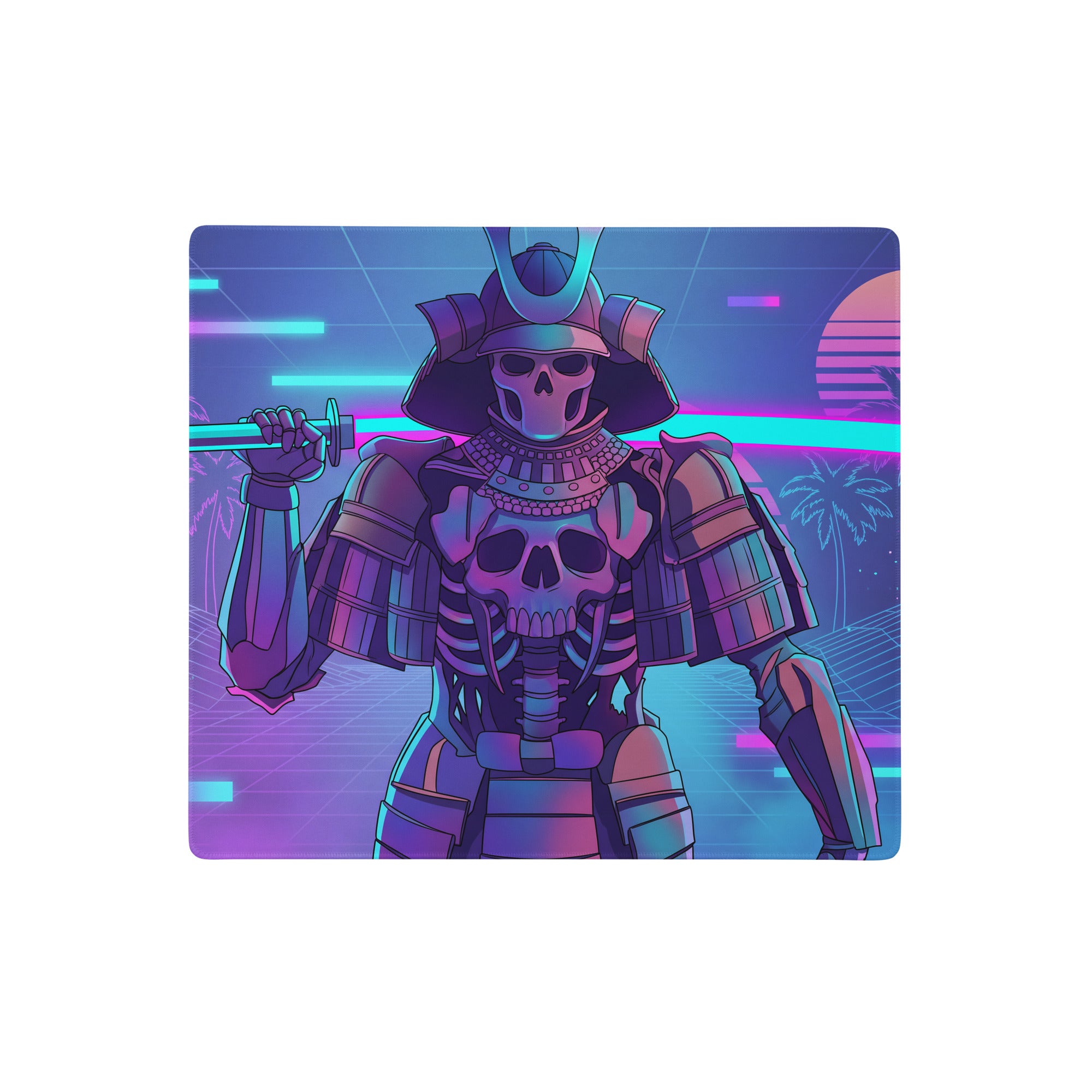 Rectangular gaming mousepad with neon purple and blue skeleton samurai holding a sword and retro palm trees backdrop