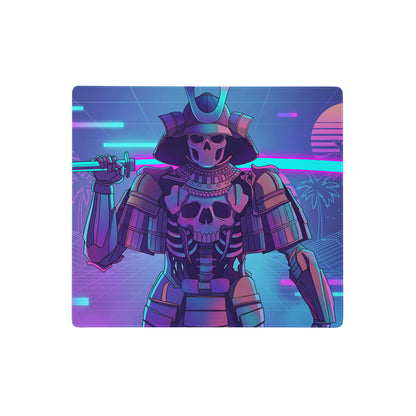 Rectangular gaming mousepad with neon purple and blue skeleton samurai holding a sword and retro palm trees backdrop