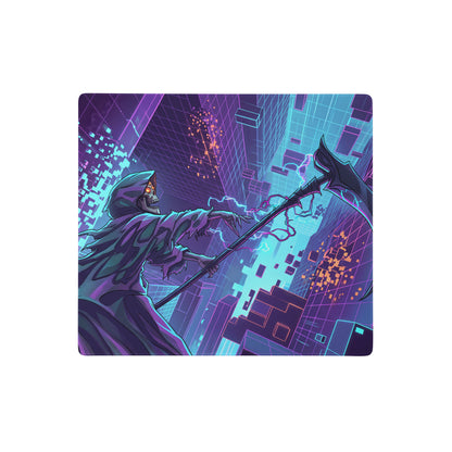 Neon vaporwave dragon mouse pad featuring a glowing scythe wielding reaper in purple blue cyberpunk cityscape design