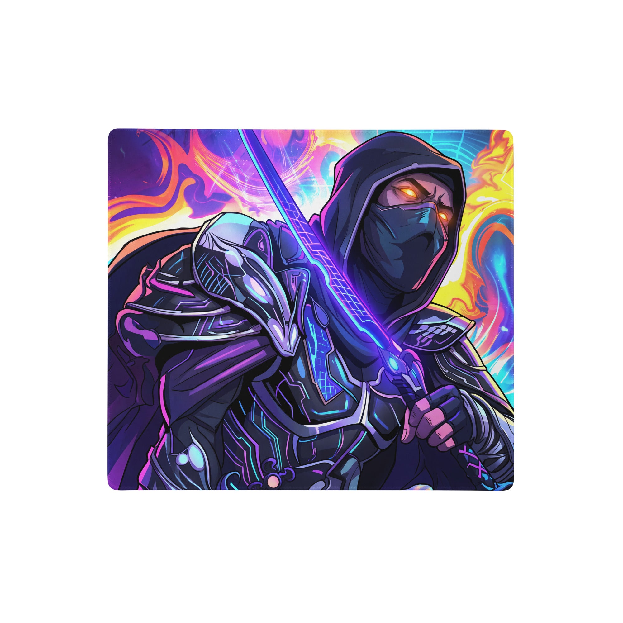 Vibrant rectangular neon ninja vaporwave mouse pad with stylized dark armored ninja and glowing neon purple blue accents