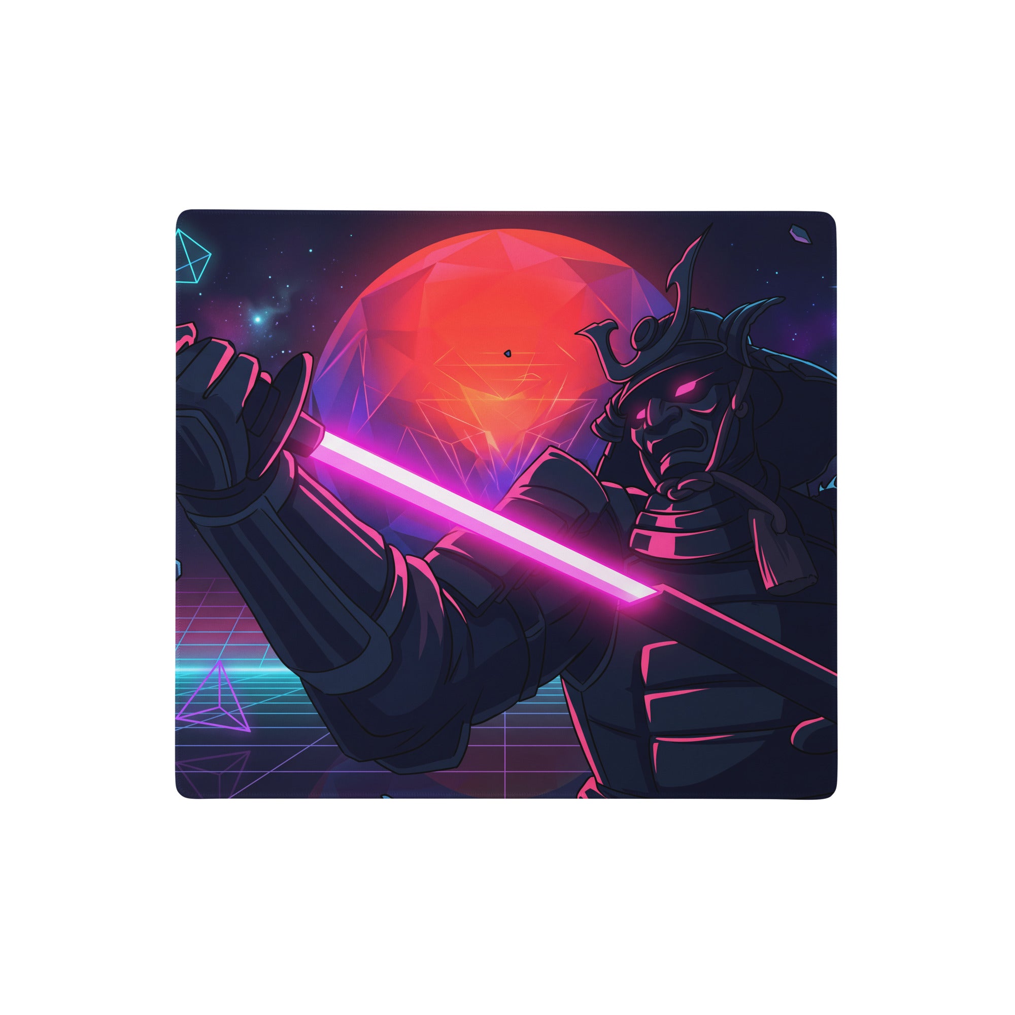 Neon vaporwave galaxy mouse pad featuring a dark armored samurai with glowing pink lightsaber on cosmic neon grid background