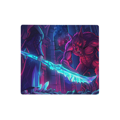 Vaporwave neon wolf mouse pad with vibrant cyan sword and red werewolf fantasy battle scene for gaming desks