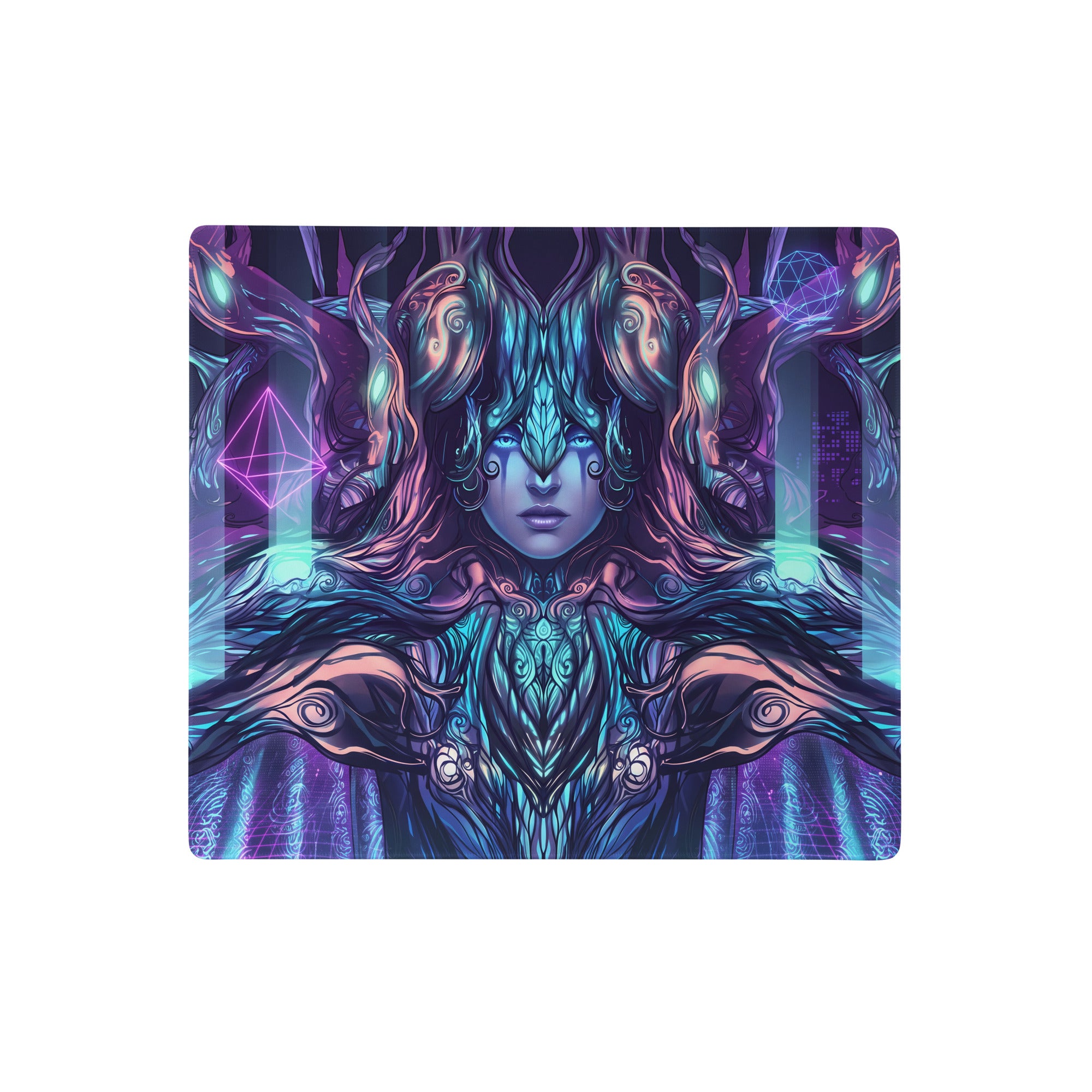 A rectangular vaporwave neon goddess mouse pad featuring a vibrant ethereal figure with teal and purple hair and ornate armor