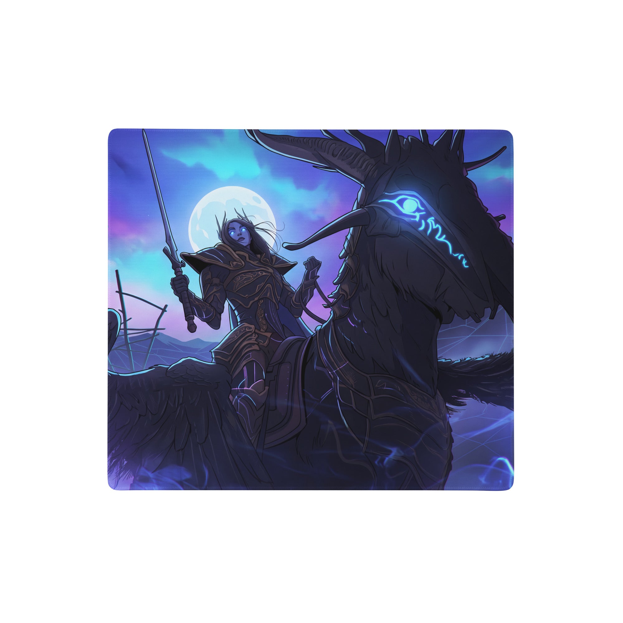 A rectangular neon dragon vaporwave desk pad with a dark fantasy warrior on a black horned creature under a purple blue moonlit sky