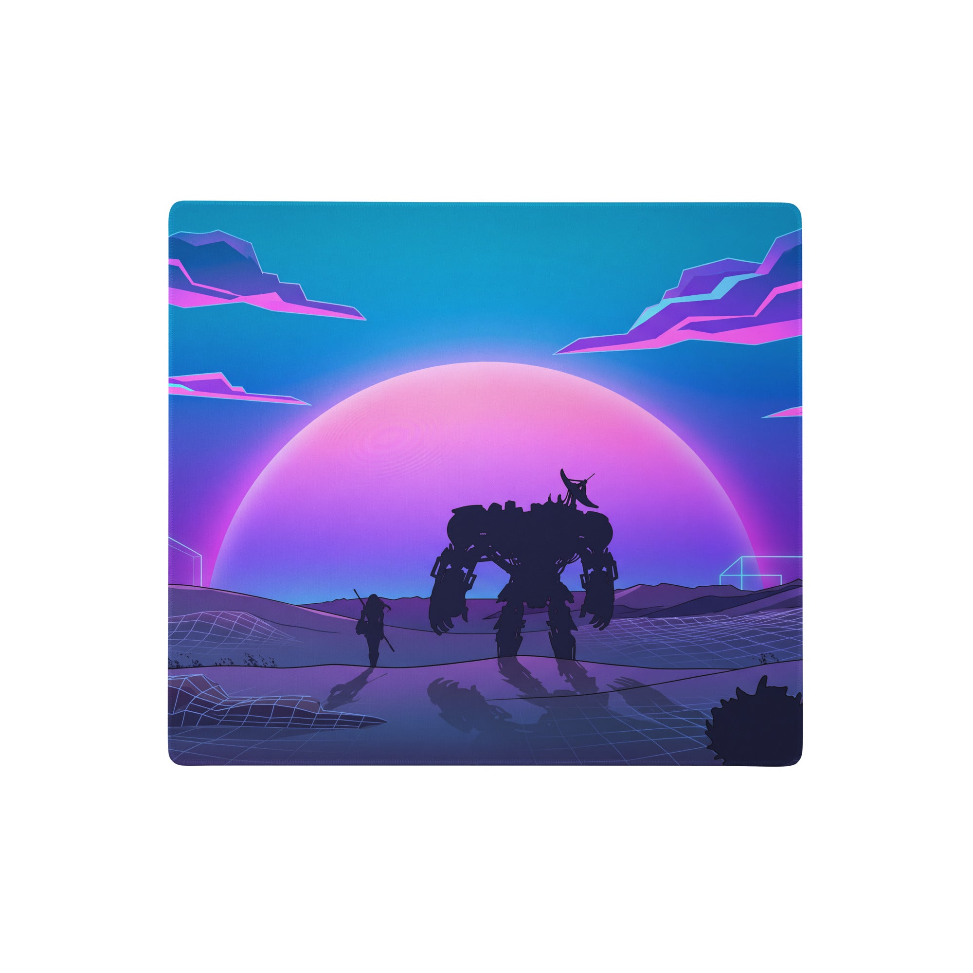 Vaporwave neon sunset mouse pad featuring a giant robot silhouette against vibrant purple and pink skies for gaming desk use