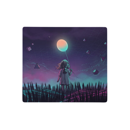 Vaporwave neon gaming mouse pad with nostalgic purple neon design of a gas mask figure holding a glowing balloon