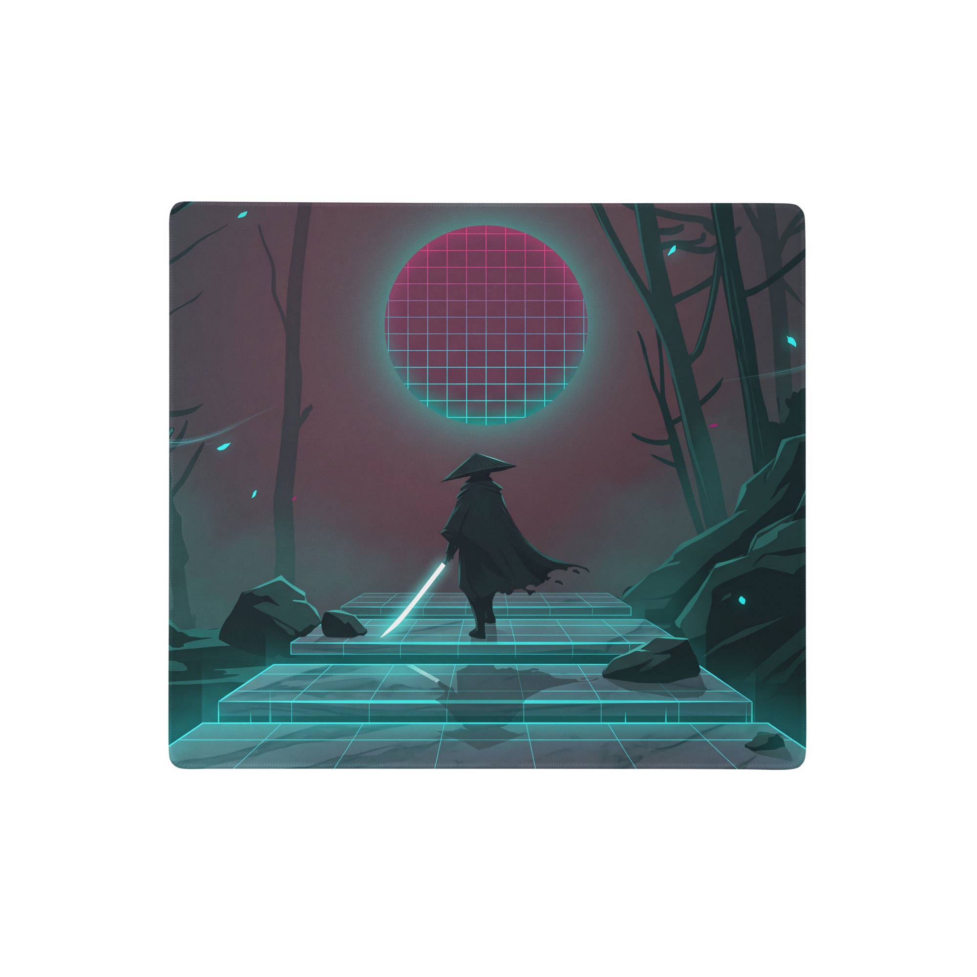 Neon pink teal vaporwave gaming mousepad featuring a glowing cyan magenta sun and silhouetted ninjago ninja on steps