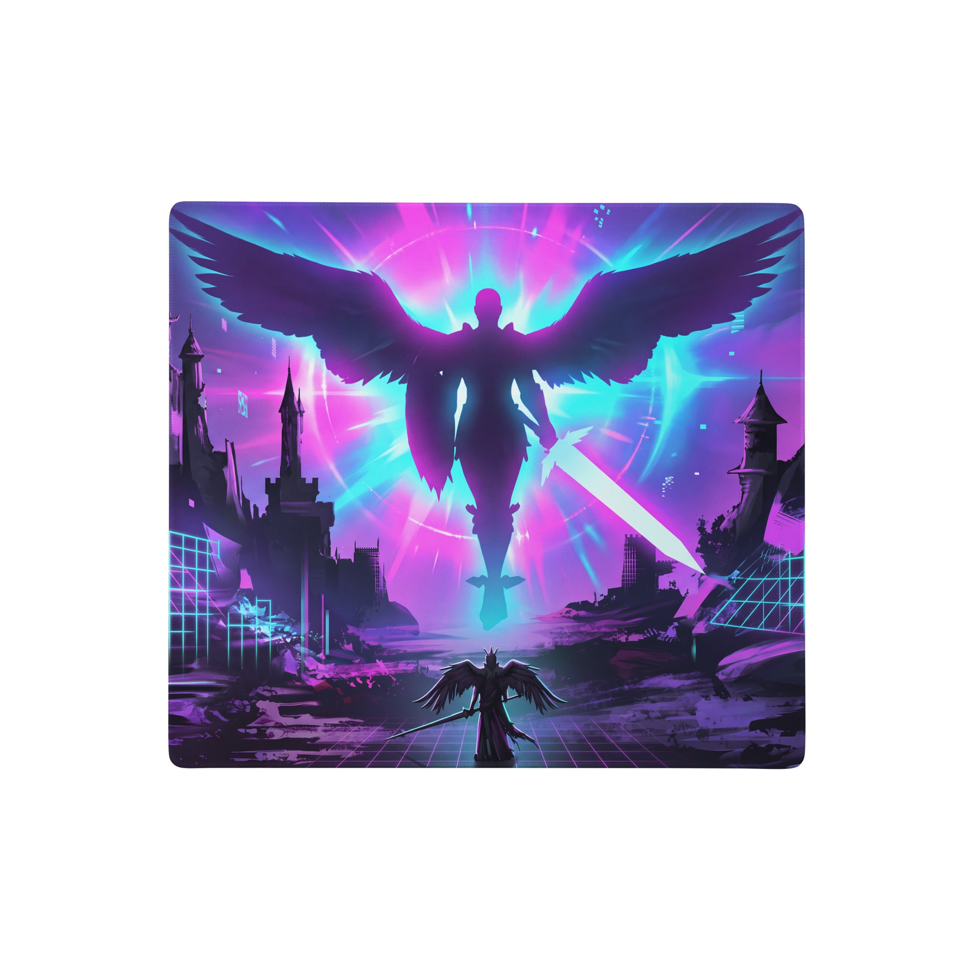 Vibrant neon pink and cyan vaporwave neon flight mouse pad featuring a winged angelic figure with glowing sword above castle silhouette