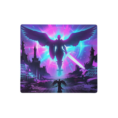Vibrant neon pink and cyan vaporwave neon flight mouse pad featuring a winged angelic figure with glowing sword above castle silhouette