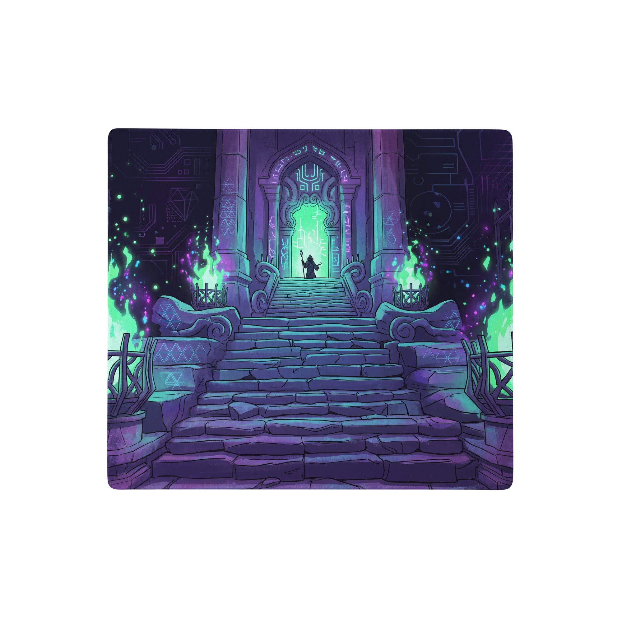 Rectangular gaming mousepad with vibrant fantasy stone staircase and glowing green archway in purple teal neon colors