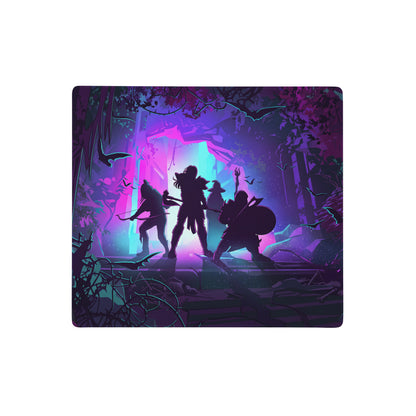 Vaporwave jungle gaming mouse pad in purple, blue, and teal with silhouetted adventurers in a glowing cavern design