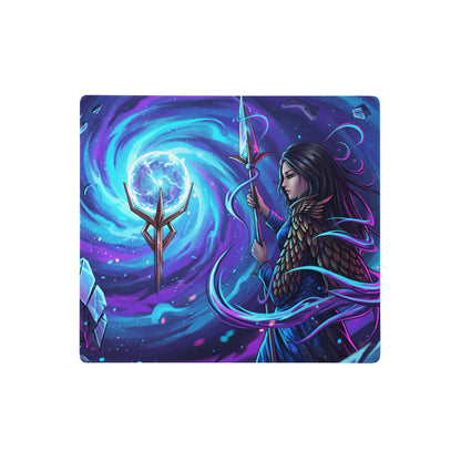 Vibrant purple and blue cosmic-themed neon vaporwave sorceress mouse pad with winged fantasy warrior and energy sphere design