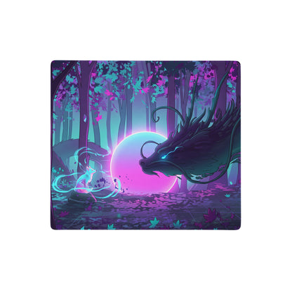 Nebula-themed vaporwave dragon nightscape mouse pad with glowing purple and teal dragon and luminous orb in forest setting