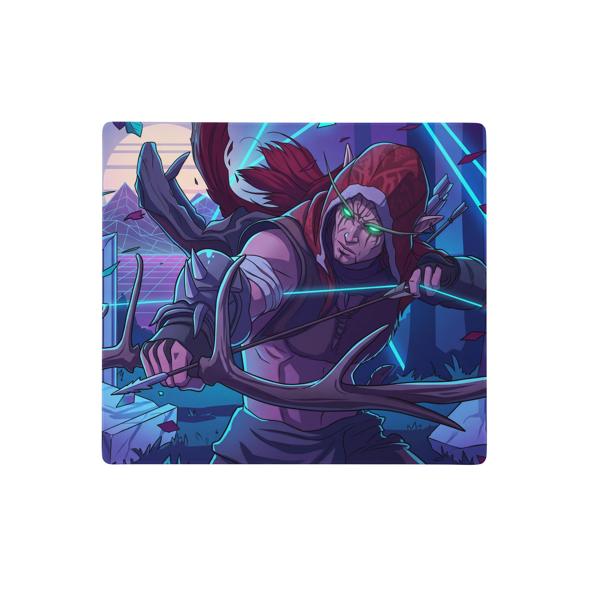 Navy blue and purple vaporwave neon dragon mouse pad featuring a fantasy archer with glowing green eyes and antler bow