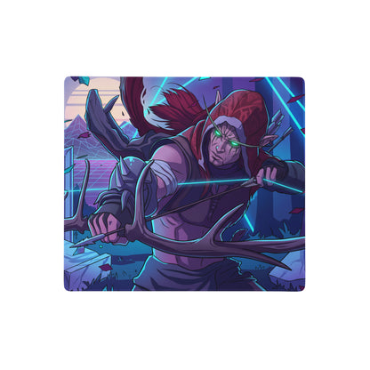 Navy blue and purple vaporwave neon dragon mouse pad featuring a fantasy archer with glowing green eyes and antler bow