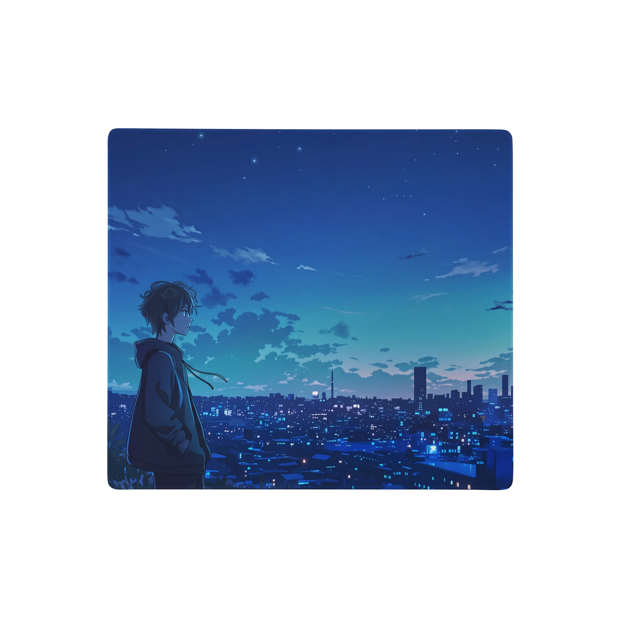 Blue-toned anime cityscape mouse pad with lone figure under starry twilight sky for gaming and desk use