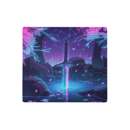 Neon katana vaporwave mouse pad featuring a glowing purple and blue neon sword in a digital forest cyberpunk design