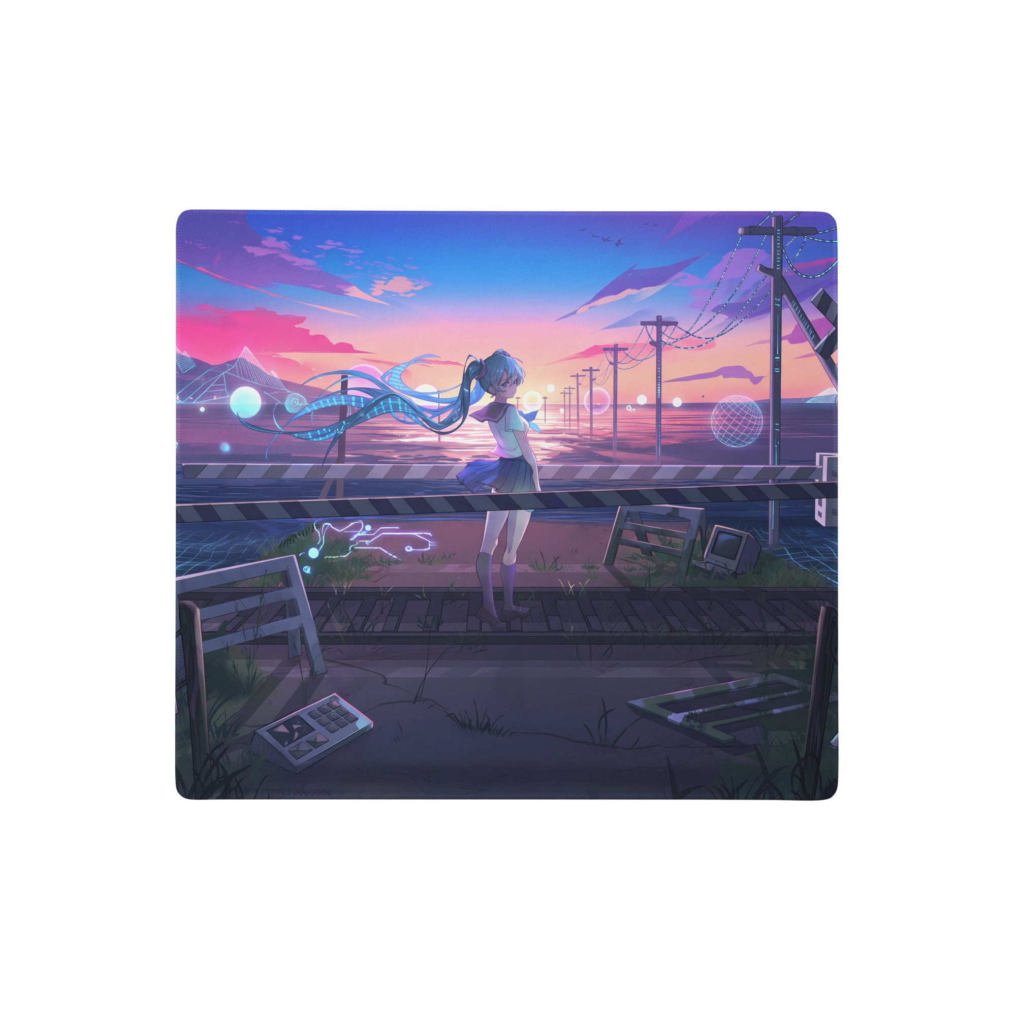 Rectangular neon vaporwave mouse pad with vibrant anime girl on train tracks in pink and blue for gaming and decor
