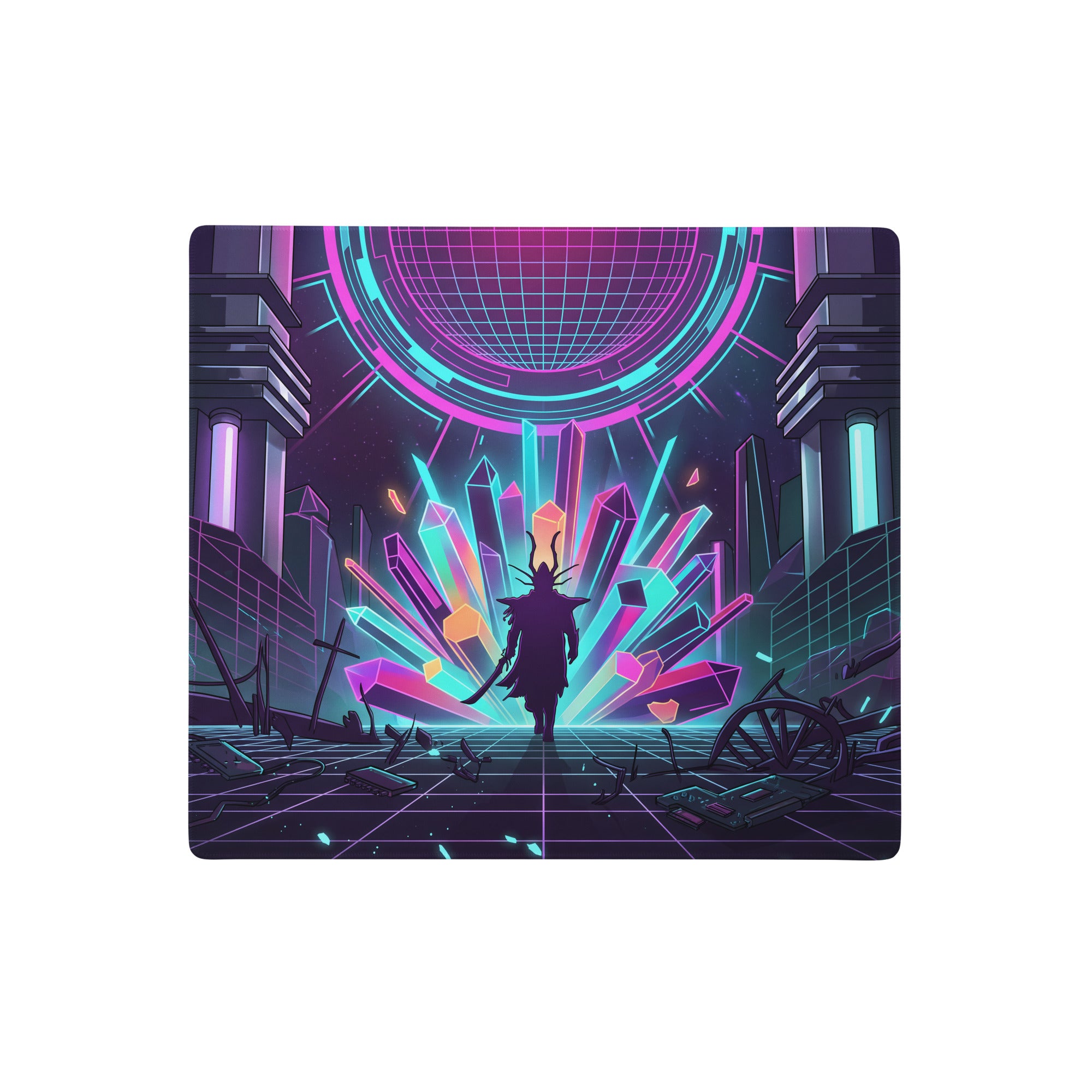 Neon vaporwave gaming mouse pad with neon pink and cyan glowing crystal design and futuristic silhouette figure