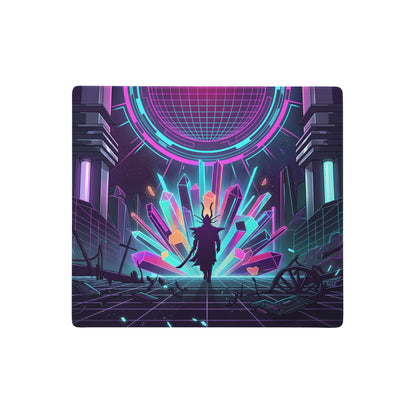 Neon vaporwave gaming mouse pad with neon pink and cyan glowing crystal design and futuristic silhouette figure