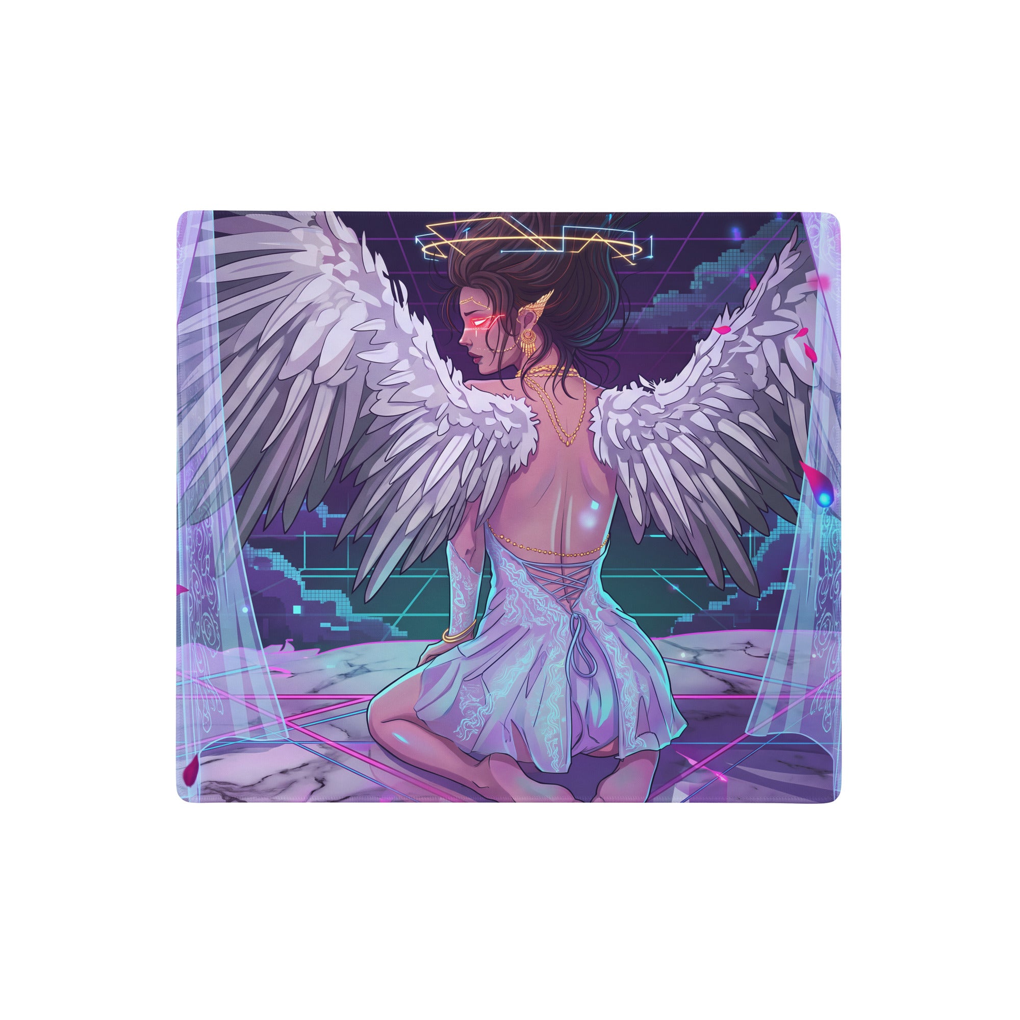 Neon pink and purple vaporwave angel wing mousepad with white feathered wings glowing red eyes and futuristic halo