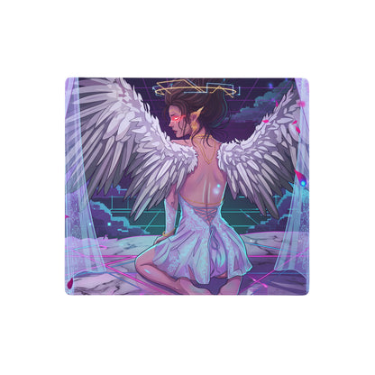 Neon pink and purple vaporwave angel wing mousepad with white feathered wings glowing red eyes and futuristic halo