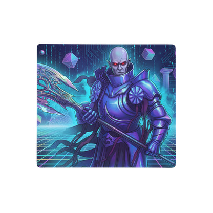 Purple armored warrior with glowing red eyes on a blue and purple vaporwave neon cyberpunk gaming mouse pad