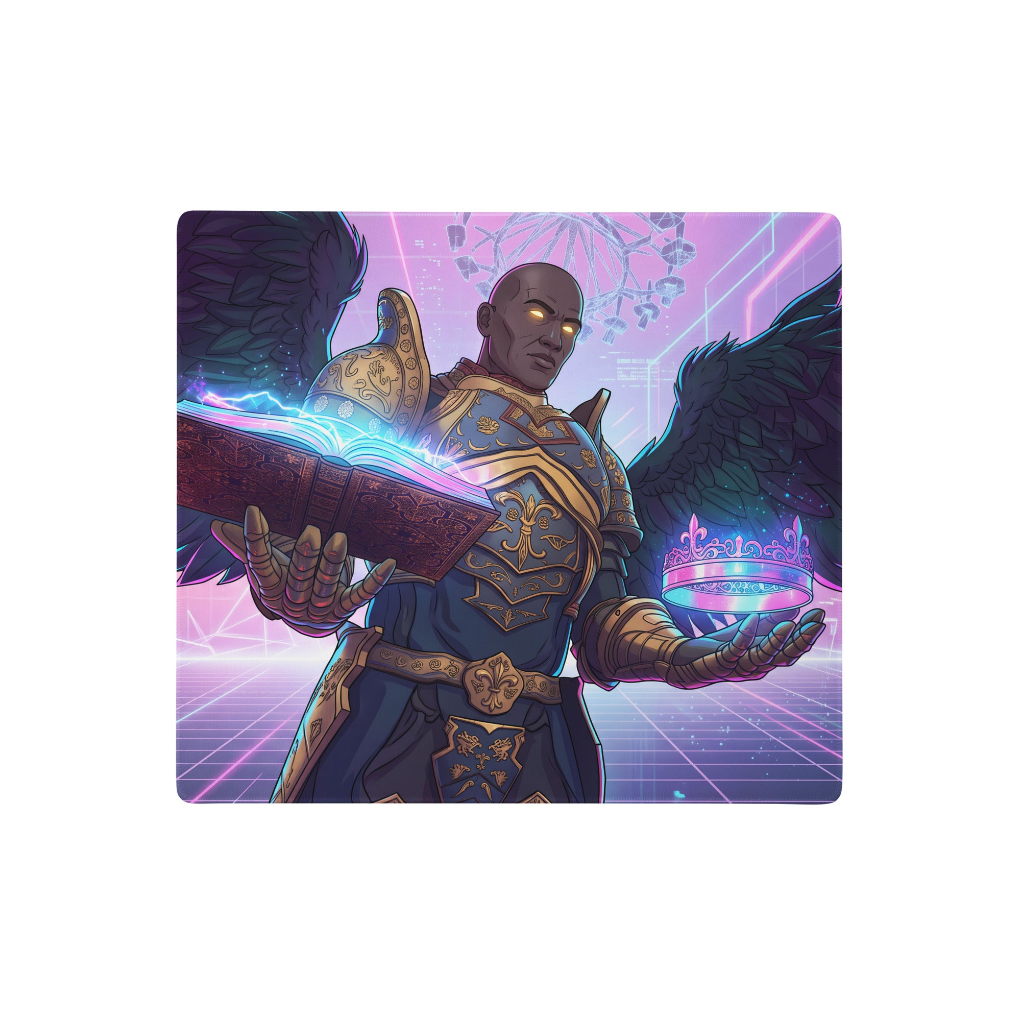 Vaporwave angel neon pad gaming mouse pad with dark-skinned angelic warrior in blue gold armor holding glowing book