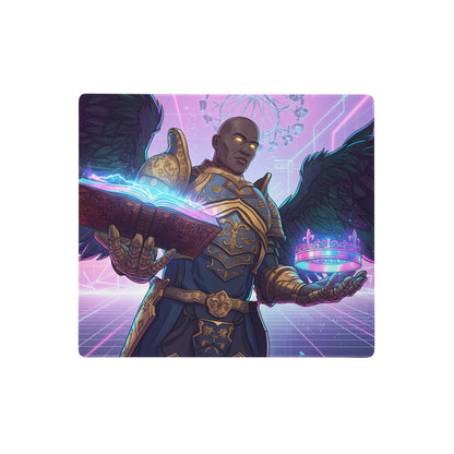 Vaporwave angel neon pad gaming mouse pad with dark-skinned angelic warrior in blue gold armor holding glowing book