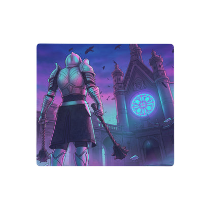 Purple and blue neon-lit gaming mousepad featuring a silver knight before glowing stained glass cathedral design