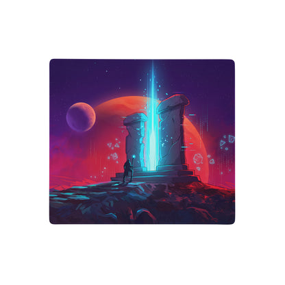 Navy blue rectangular vaporwave neon night mouse pad with glowing cyan stone pillars and red purple planets design