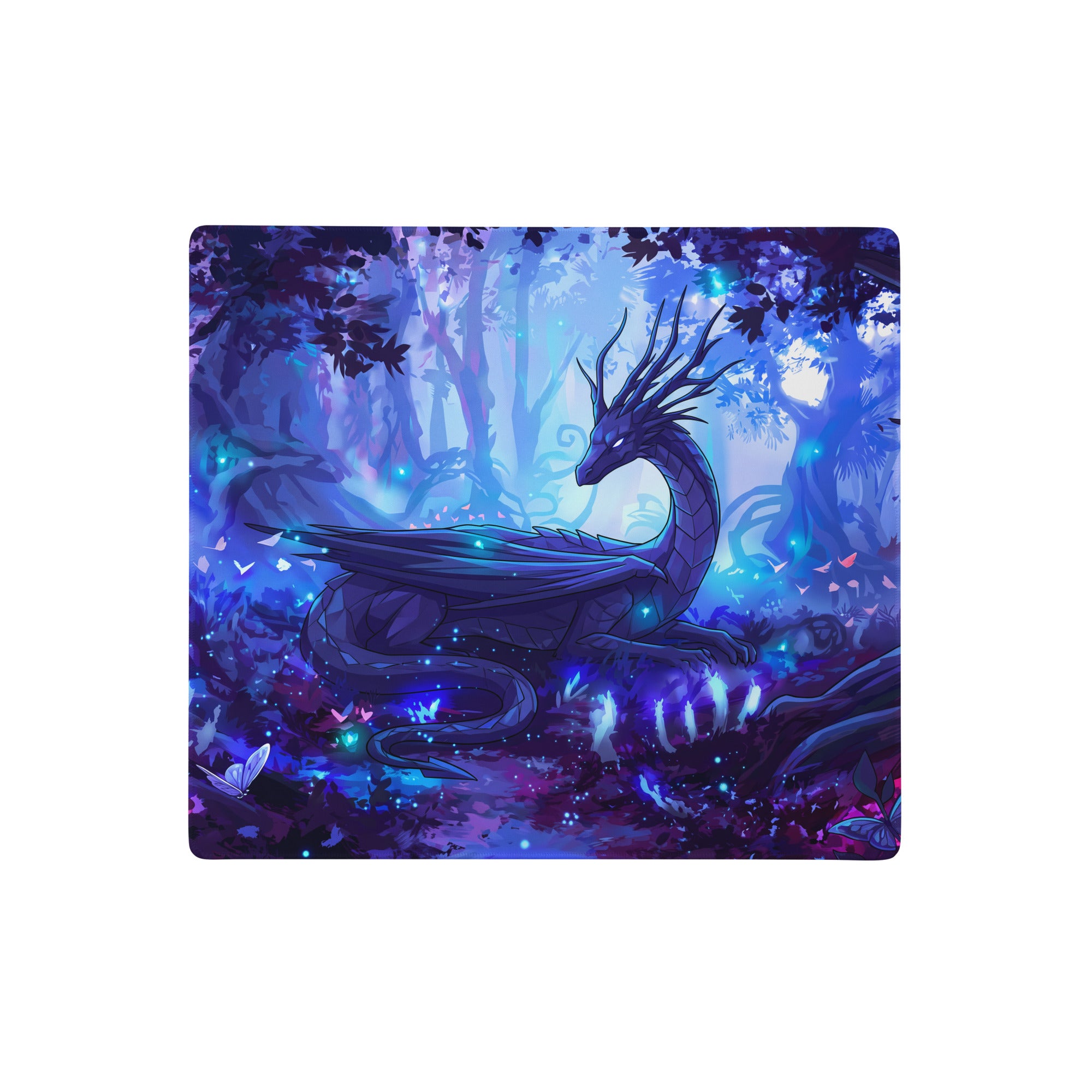 A rectangular neon dragon vaporwave mouse pad with a smooth surface featuring a dark blue dragon in a mystical forest