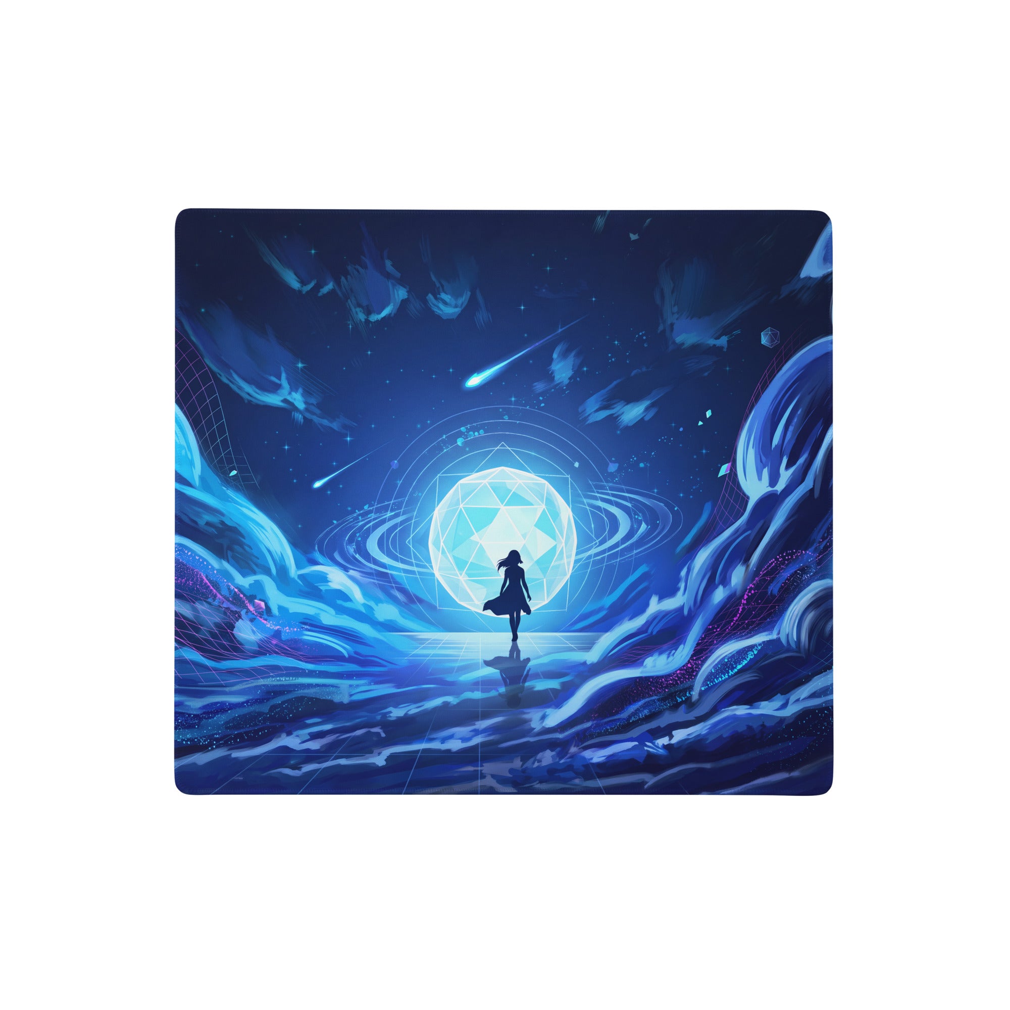 Blue fantasy-themed rectangular mousepad with a girl silhouette before a glowing geometric orb and cosmic elements