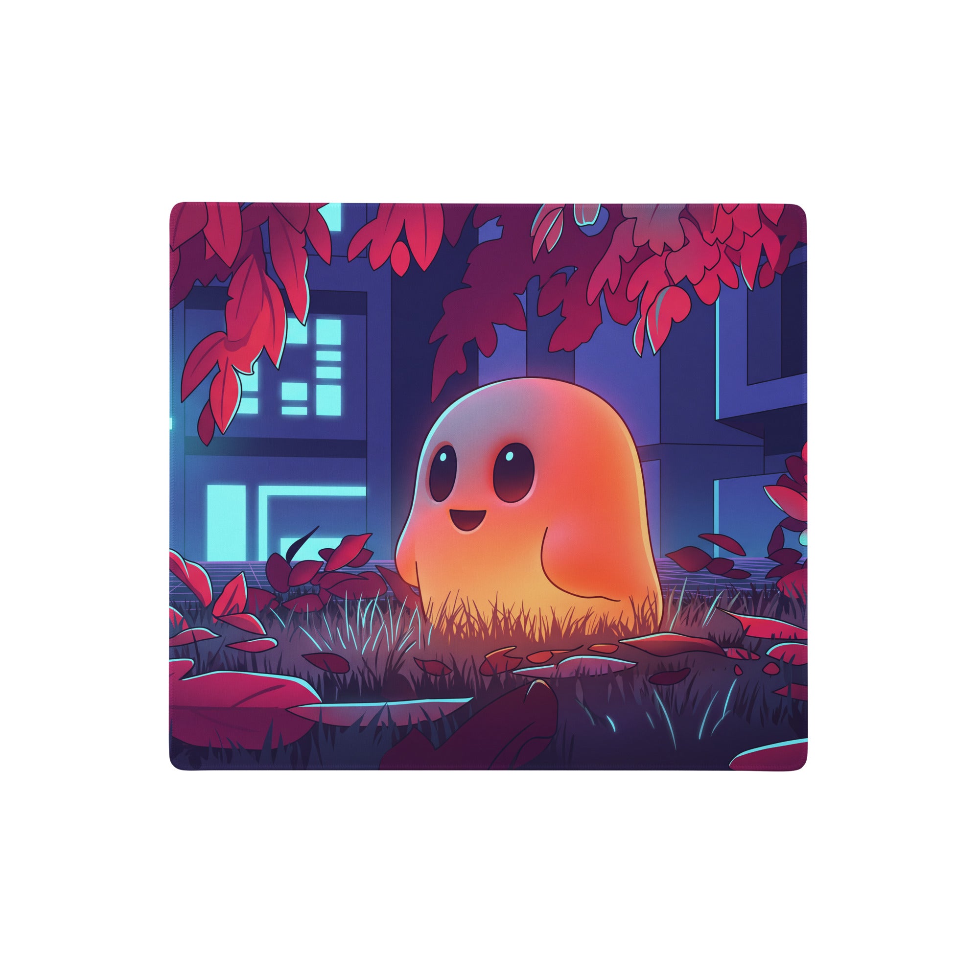 Neon ghost vaporwave desk mat featuring a glowing orange ghost with black eyes under red leaves and neon city lights