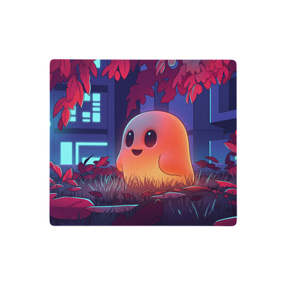 Neon ghost vaporwave desk mat featuring a glowing orange ghost with black eyes under red leaves and neon city lights