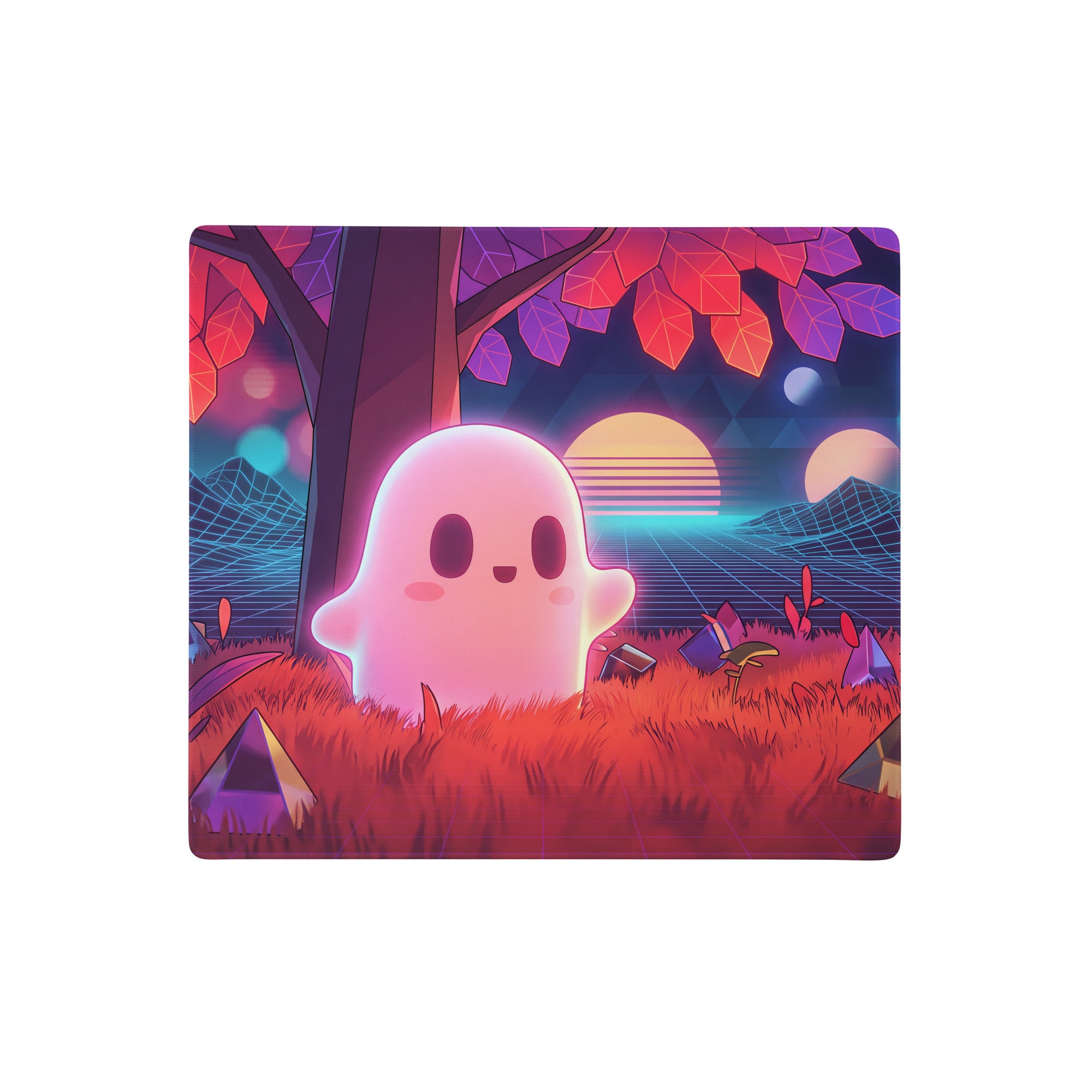 Pink glowing ghost-themed vaporwave neon gaming mousepad with retro-futuristic landscape design for desktop use