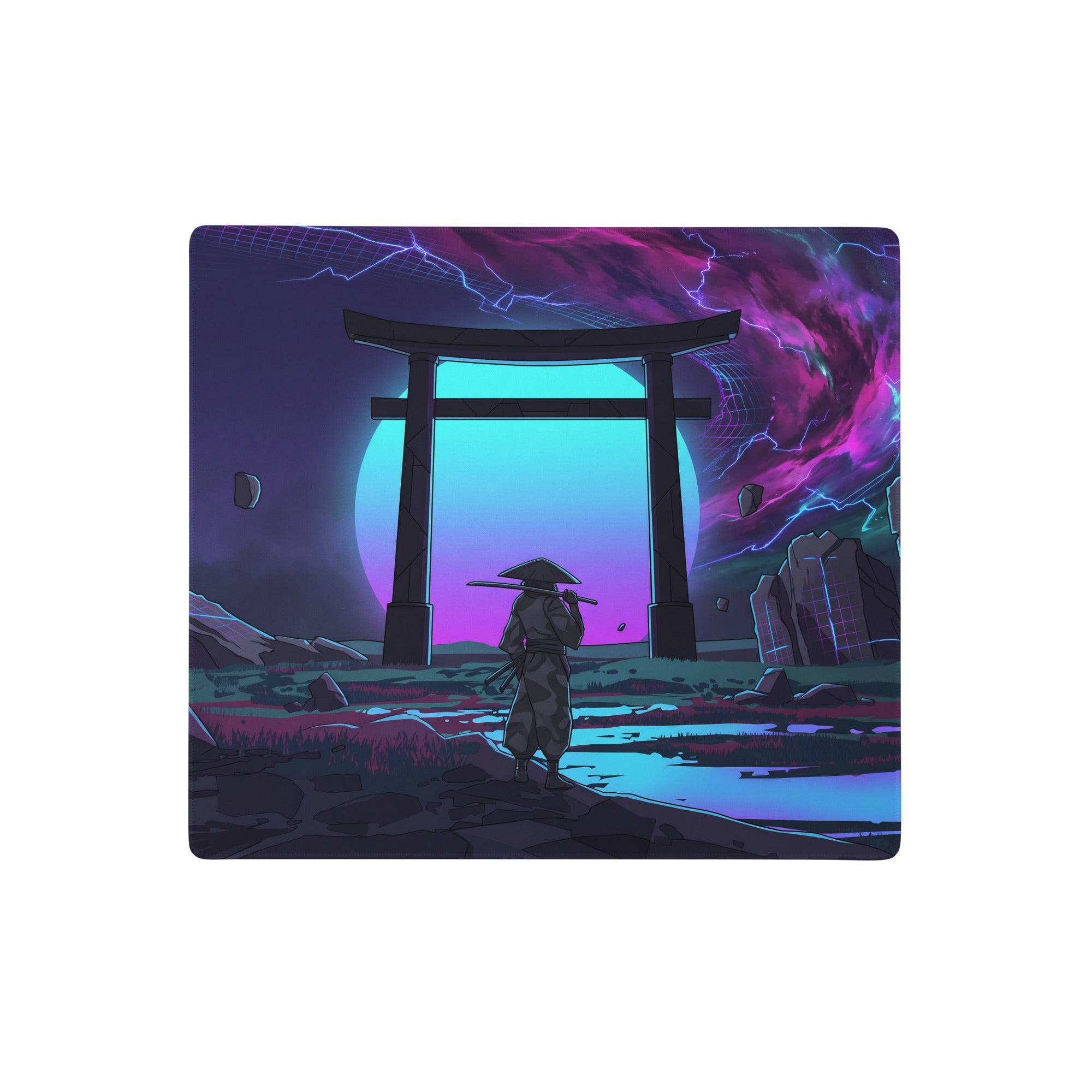 Nostalgic cyberpunk rectangular mousepad with samurai and glowing torii gate under purple teal lightning sky