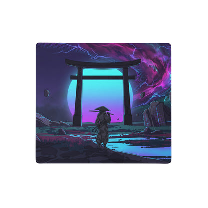 Nostalgic cyberpunk rectangular mousepad with samurai and glowing torii gate under purple teal lightning sky