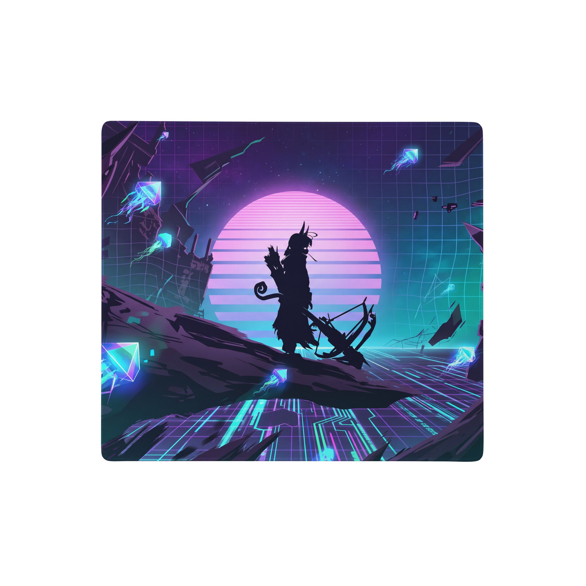 Vaporwave neon gaming mouse pad in purple and teal featuring a cyberpunk anime silhouette with bow and glowing sun design