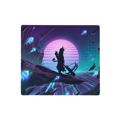 Vaporwave neon gaming mouse pad in purple and teal featuring a cyberpunk anime silhouette with bow and glowing sun design
