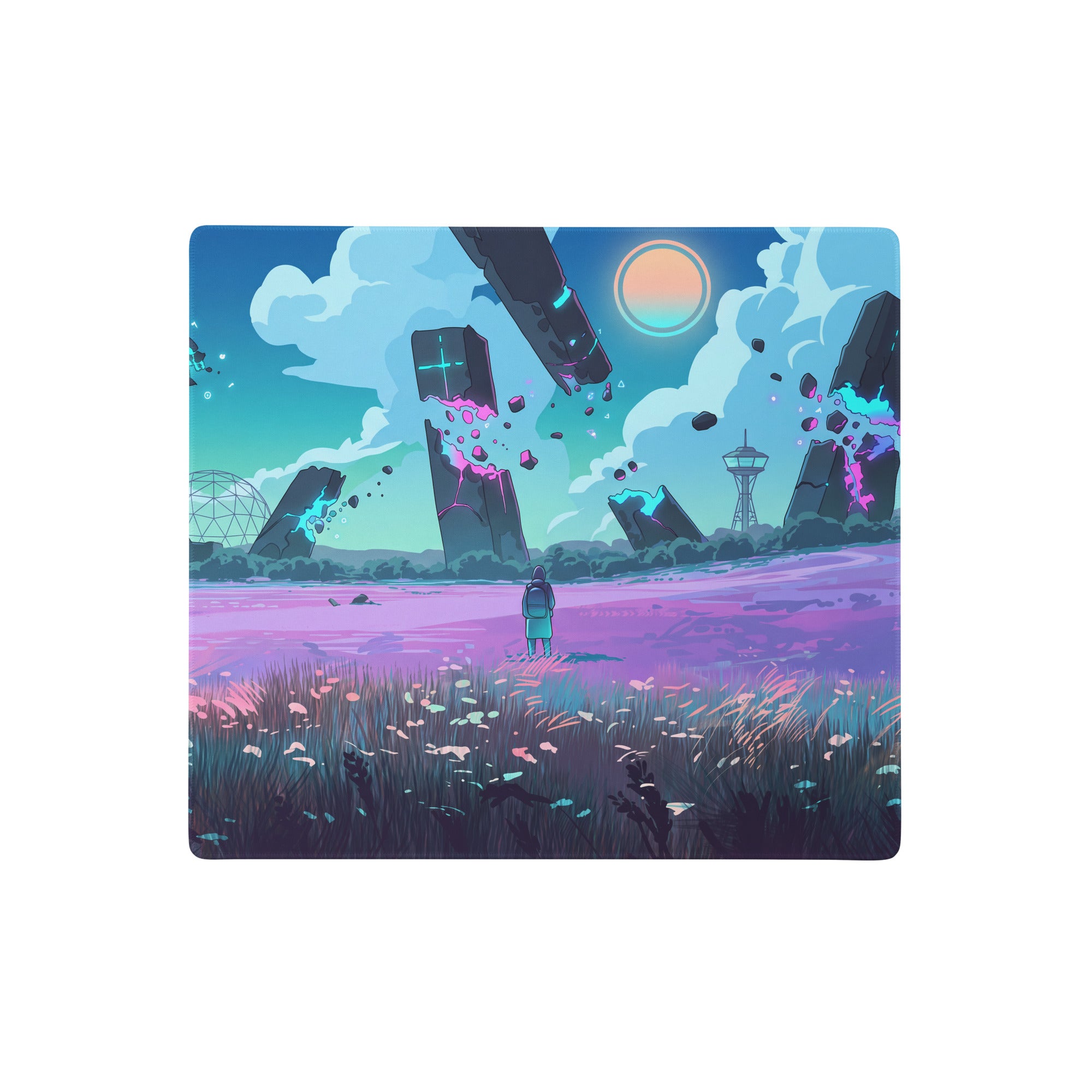 Vaporwave neon landscape mouse pad with vibrant purple teal pink colors featuring a lone figure in surreal digital art