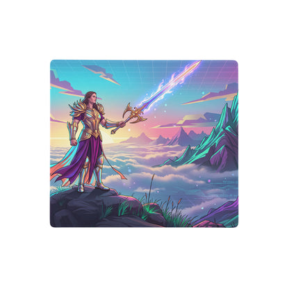 Vaporwave warrior mouse pad featuring a vibrant female warrior in golden armor and purple robes with glowing sword