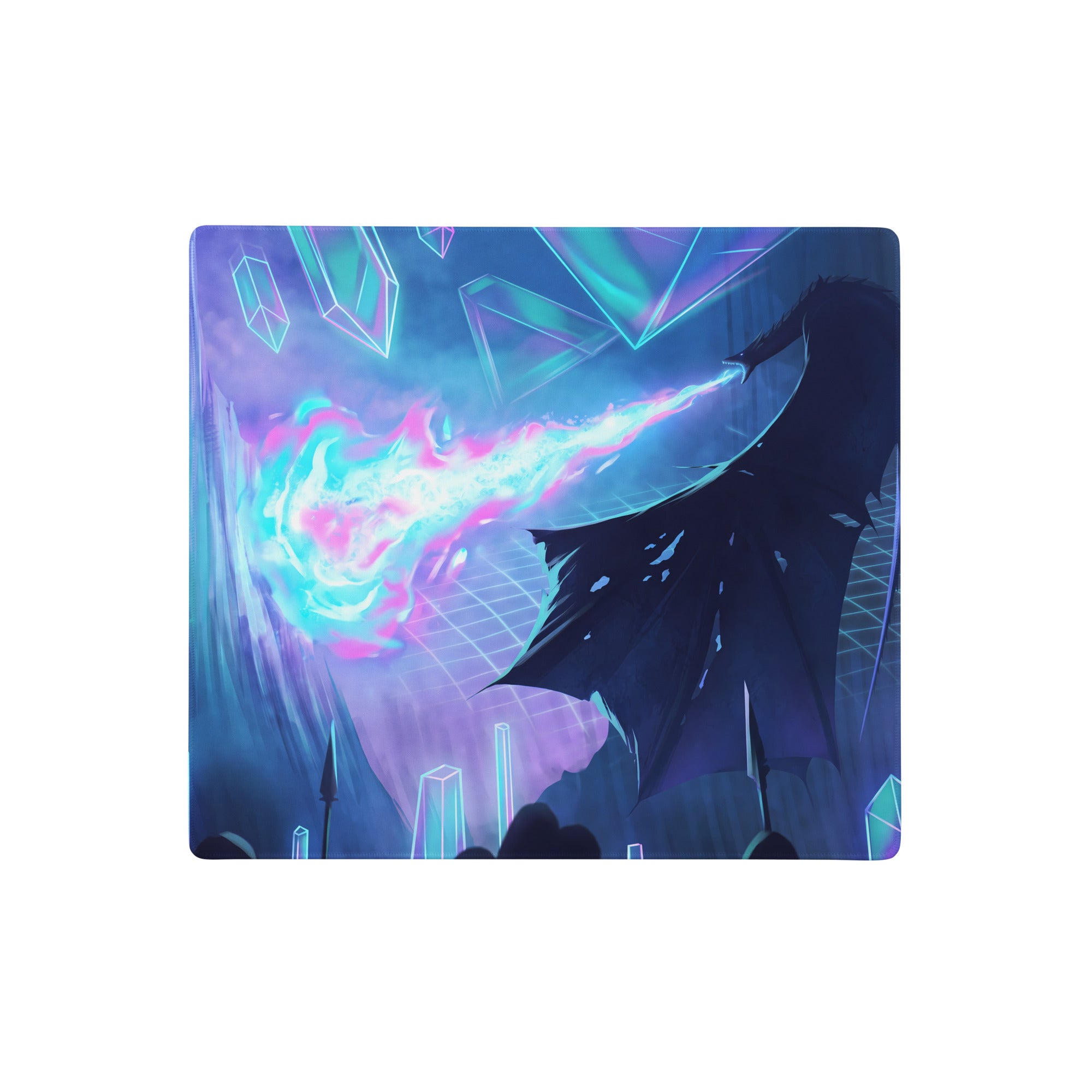Neon vaporwave fusion gaming mouse pad with vibrant glowing blue and pink crystal design on dark background