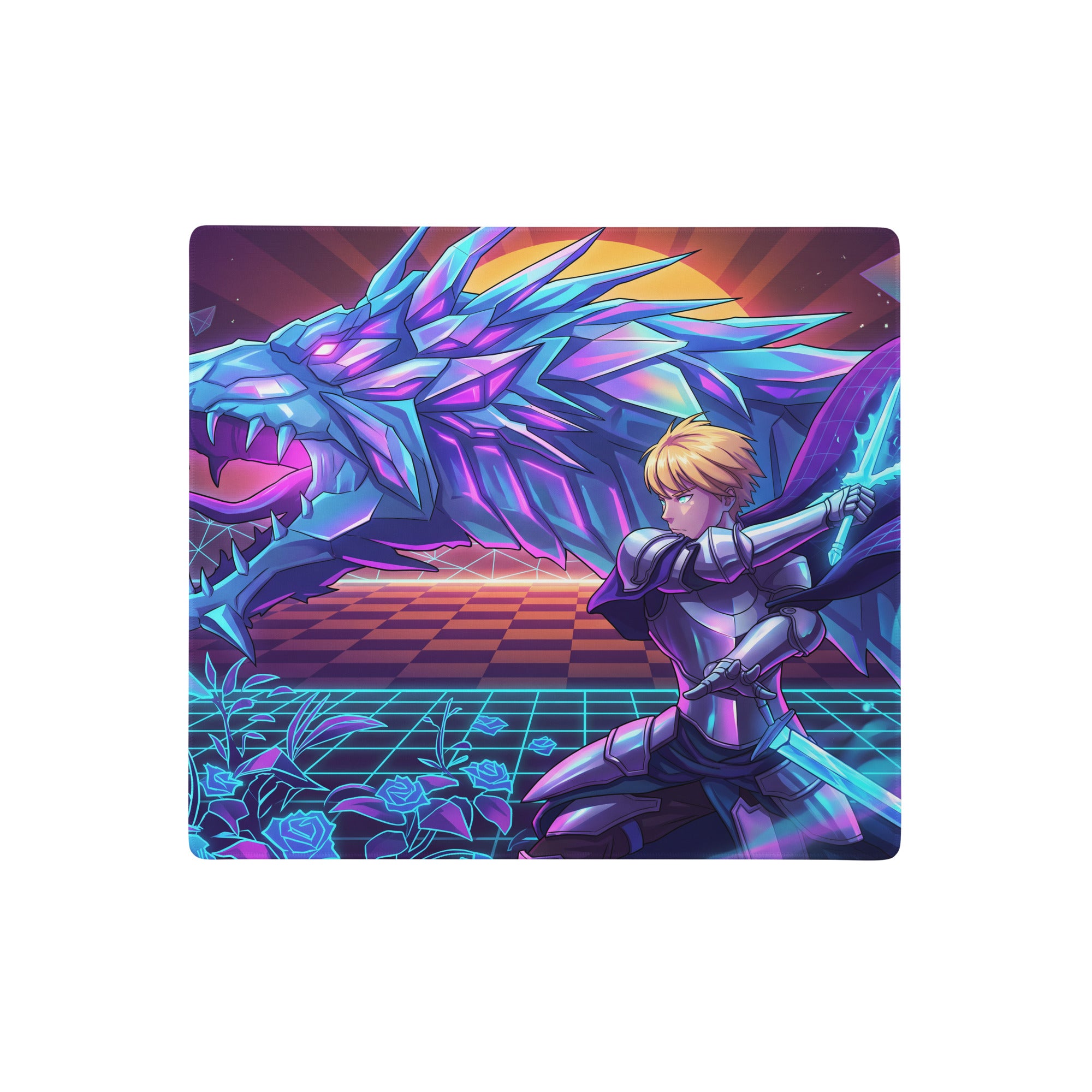 Vaporwave neon dragon mouse pad with vibrant purple blue digital art of silver knight facing crystalline dragon under sunset