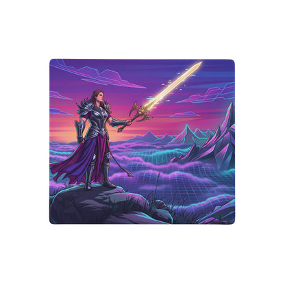 Vaporwave neon mountain mouse pad with female warrior in dark armor and glowing sword under purple blue gradient sky