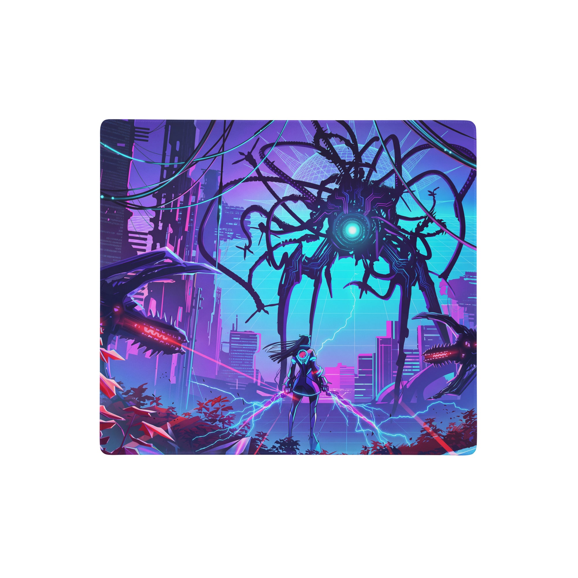 Vaporwave neon gaming mouse pad featuring a nebula-themed cyberpunk cityscape with blue and purple glowing hues and mechanical spider design