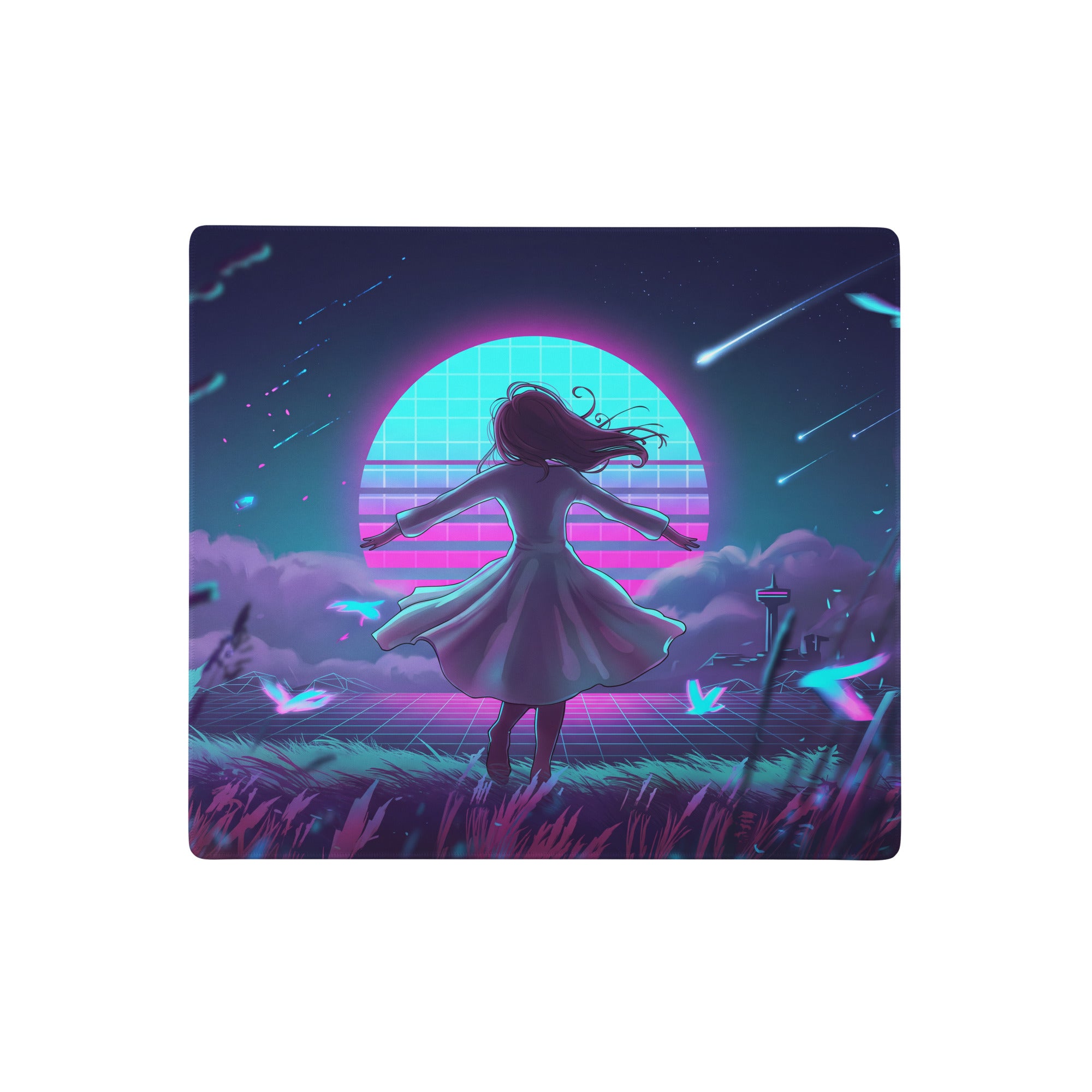 Nostalgic retro-futuristic neon vaporwave gaming mouse pad with a girl dancing under a glowing cyan and magenta grid sun