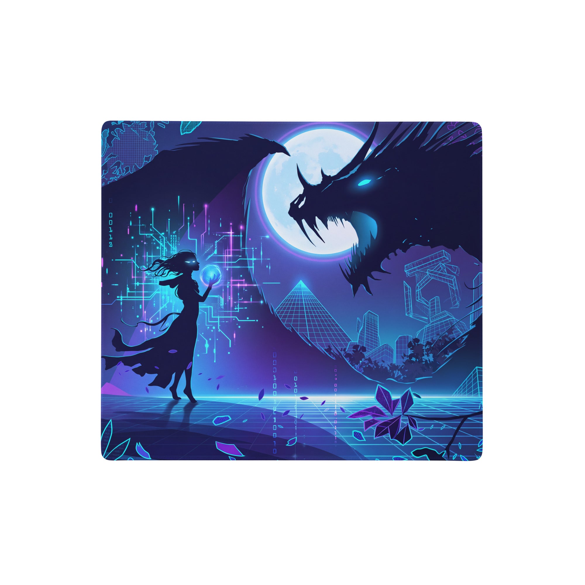 Neon dragon vaporwave mouse pad featuring a nebula-themed digital fantasy scene with blue purple hues and dragon silhouettes