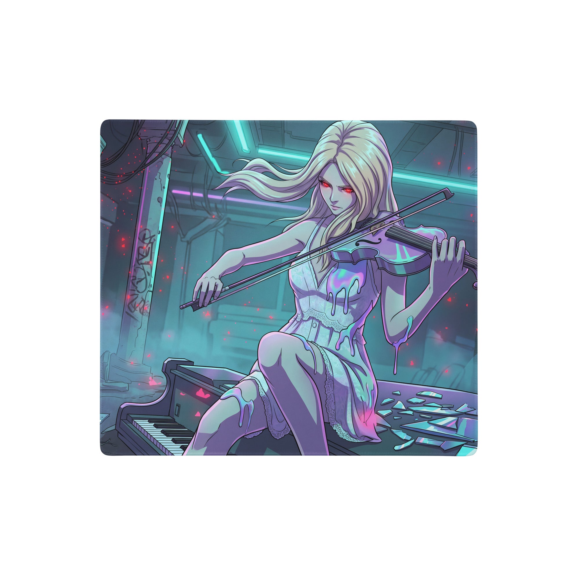 Rectangular gaming mousepad with neon pink teal vaporwave anime illustration of blonde violinist in dystopian setting